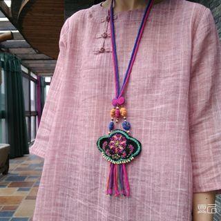 Fringed Embroidered Necklace Pink & Blue - One Size
