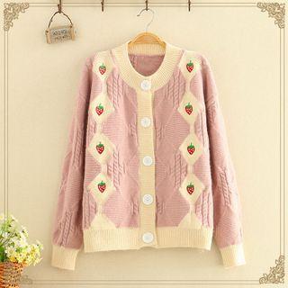 Strawberry Printed Color Block Knitted Cardigan