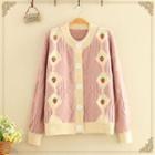 Strawberry Printed Color Block Knitted Cardigan