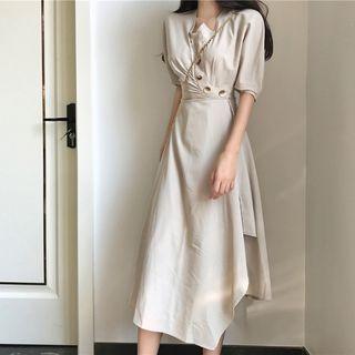 Elbow-sleeve Asymmetric Hem A-line Midi Dress