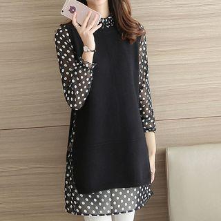 Set: Polka Dot Long Sleeve Top + Knit Vest