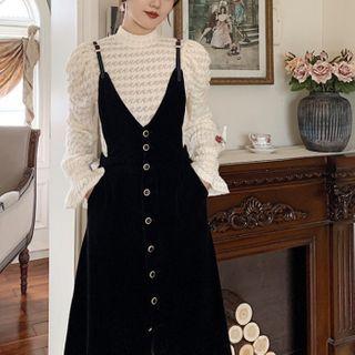 Set: Mock-neck Lace Blouse + Spaghetti Strap Corduroy Button-up Midi Dress
