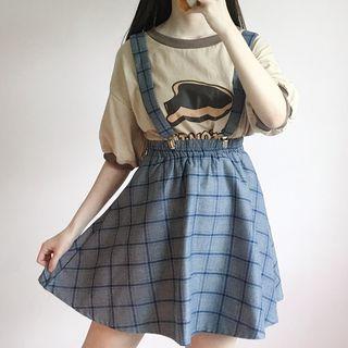 Set: Printed Elbow Sleeve T-shirt + Plaid Suspender Skirt / Plaid Suspender Pants