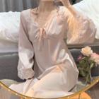 Long-sleeve V-neck Lace Trim Midi Sleep Dress