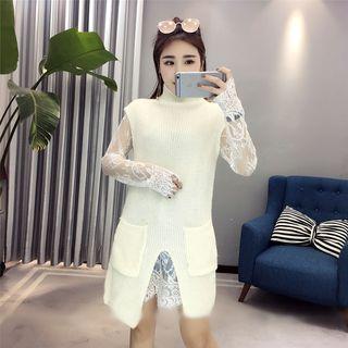 Set: Long-sleeve Lace A-line Dress + Long Knit Vest