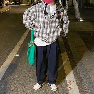 Mock Two-piece Plaid Panel Hooded Jacket