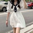 Short-sleeve Sailor Collar Mini A-line Dress White & Black - One Size