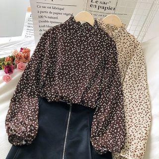 Bishop-sleeve Floral Print Mock-neck Blouse