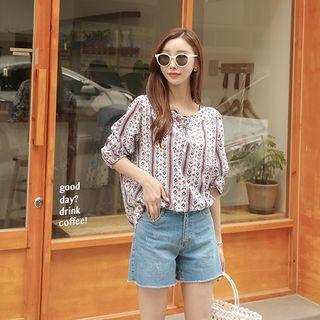 Tie-neck Ethnic-pattern Blouse