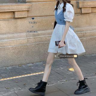 Short-sleeve Frill Trim Mini A-line Shirtdress / Denim Camisole Top