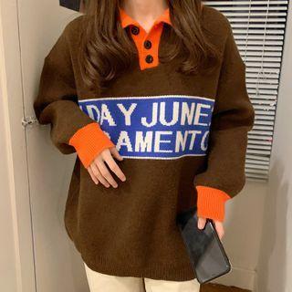 Polo-neck Lettering Sweater