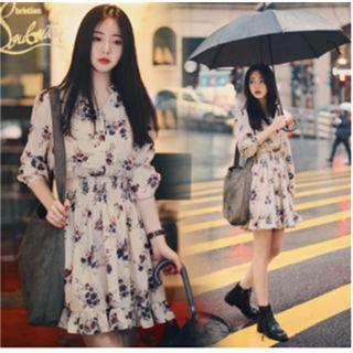 V-neck Flower Print Long-sleeve Dress