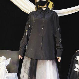 Long-sleeve Ribbon-accent Shirt Black - One Size