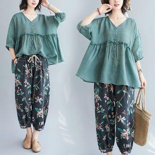 Set: Ruffle Trim Short-sleeve Top + Floral Harem Pants