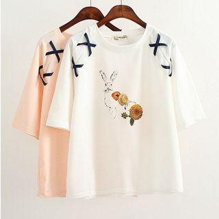 Elbow-sleeve Rabbit Printed T-shirt