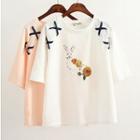 Elbow-sleeve Rabbit Printed T-shirt