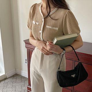 Short-sleeve Fringed Textured Blouse