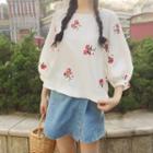 Floral Embroidered 3/4-sleeve Linen Blouse