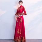 Embroidered Elbow-sleeve Wedding A-line Qipao