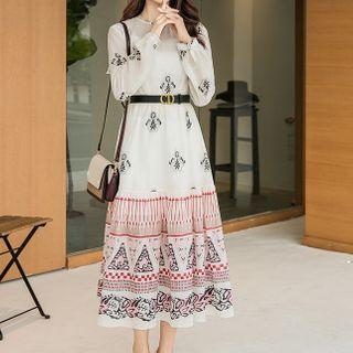 Long-sleeve Graphic Print Midi A-line Dress
