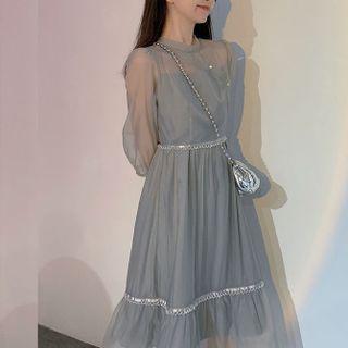 Balloon-sleeve Mesh Midi A-line Dress