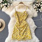 V-neck Ruched Floral Spaghetti-strap Dress