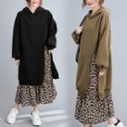 Leopard Print Trim Midi A-line Hoodie Dress