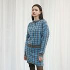 Set: Round-neck Houndstooth Cardigan + Band-waist Skirt