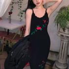 Spaghetti-strap Flower Print Knit Maxi Sheath Dress Black - One Size