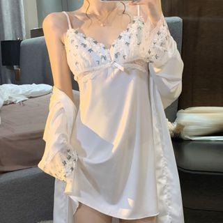 Spaghetti Strap Lace Trim Flower Embroidered Sleep Dress / Robe