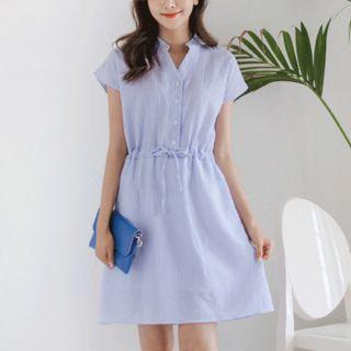 Drawstring-waist Stripe Seersucker Shirtdress