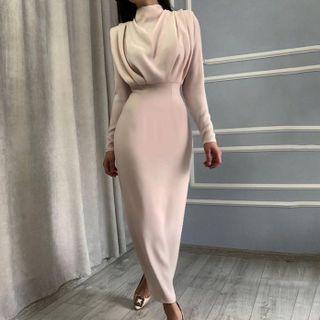 Long-sleeve Draped Midi Sheath Dress