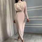 Long-sleeve Draped Midi Sheath Dress