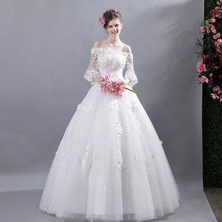 Flower Applique Off Shoulder 3/4 Sleeve Wedding Ball Gown