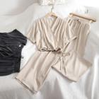 Set: Short-sleeve V-neck Blouse + Wide-leg Pants