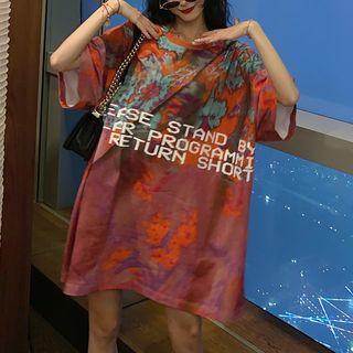 Lettering Tie Dye Elbow-sleeve T-shirt Dress As Shown In Figure - One Size