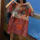 Lettering Tie Dye Elbow-sleeve T-shirt Dress As Shown In Figure - One Size