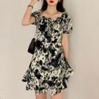 Short-sleeve Off-shoulder Tie-dye Mini A-line Dress Black & White - One Size