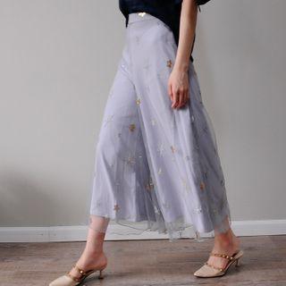 Embroidered Mesh Overlay Wide-leg Pants