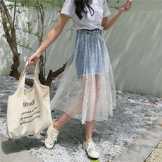 Mesh Inset Denim Mini Skirt