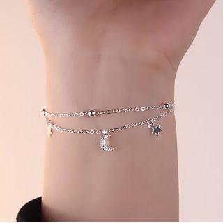 Moon & Star Layered Alloy Bracelet 1 Pc - Silver - One Size