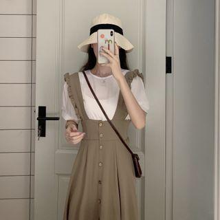 Plain Short-sleeve Blouse / Ruffle Trim Midi A-line Pinafore Dress / Set