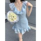 Sleeveless V-neck Ruffle Slim-fit Mini Dress