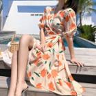 Elbow-sleeve Ruffled Floral Wrap Dress