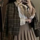 Long-sleeve Plaid Jacket / Plain Pleated Mini Skirt