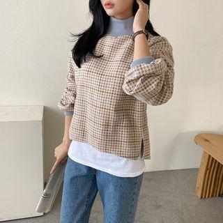 Mock-neck Layered-hem Plaid Top