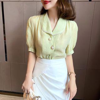 Short-sleeve Collared Faux Pearl Blouse