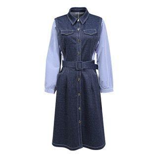 Pinstriped Panel Long-sleeve Denim Midi Dress Blue - One Size