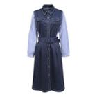 Pinstriped Panel Long-sleeve Denim Midi Dress Blue - One Size