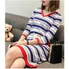 Striped Elbow-sleeve Drawstring Waist Knit Dress